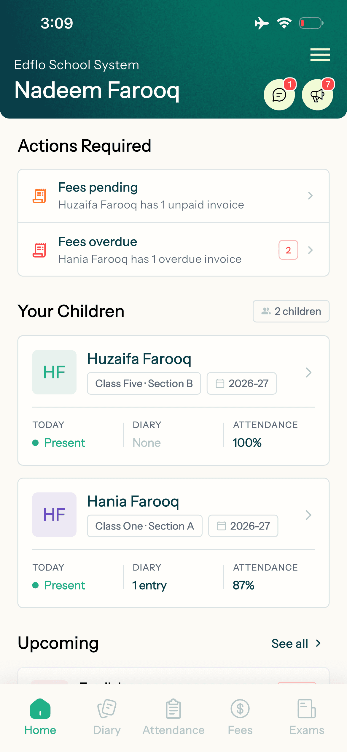 Edflo parent app showing each child's attendance and pending fees