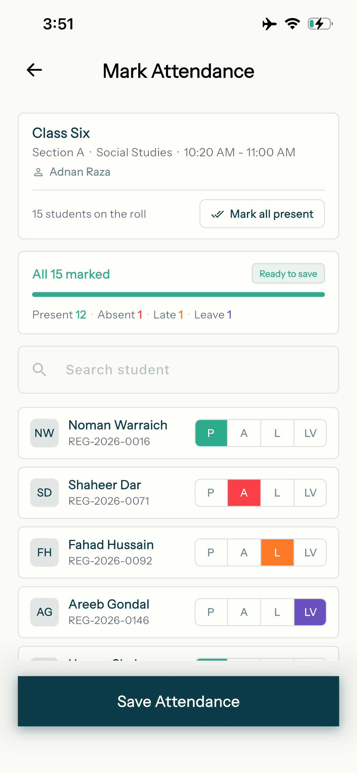 Edflo teacher app marking attendance for Class Six: 12 present, 1 absent, 1 late and 1 on leave, ready to save