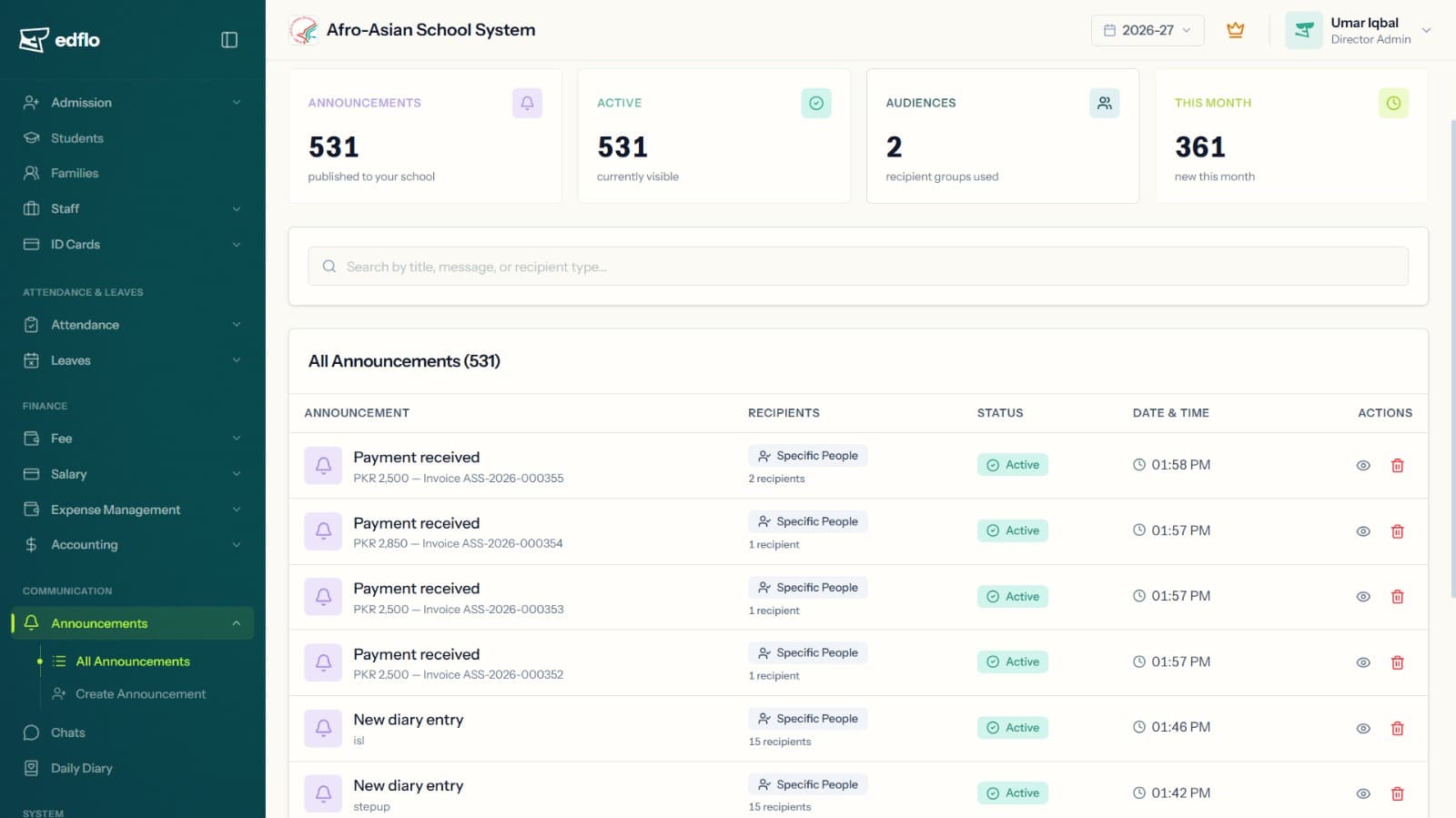 EdFlo digital report card and exam management screen
