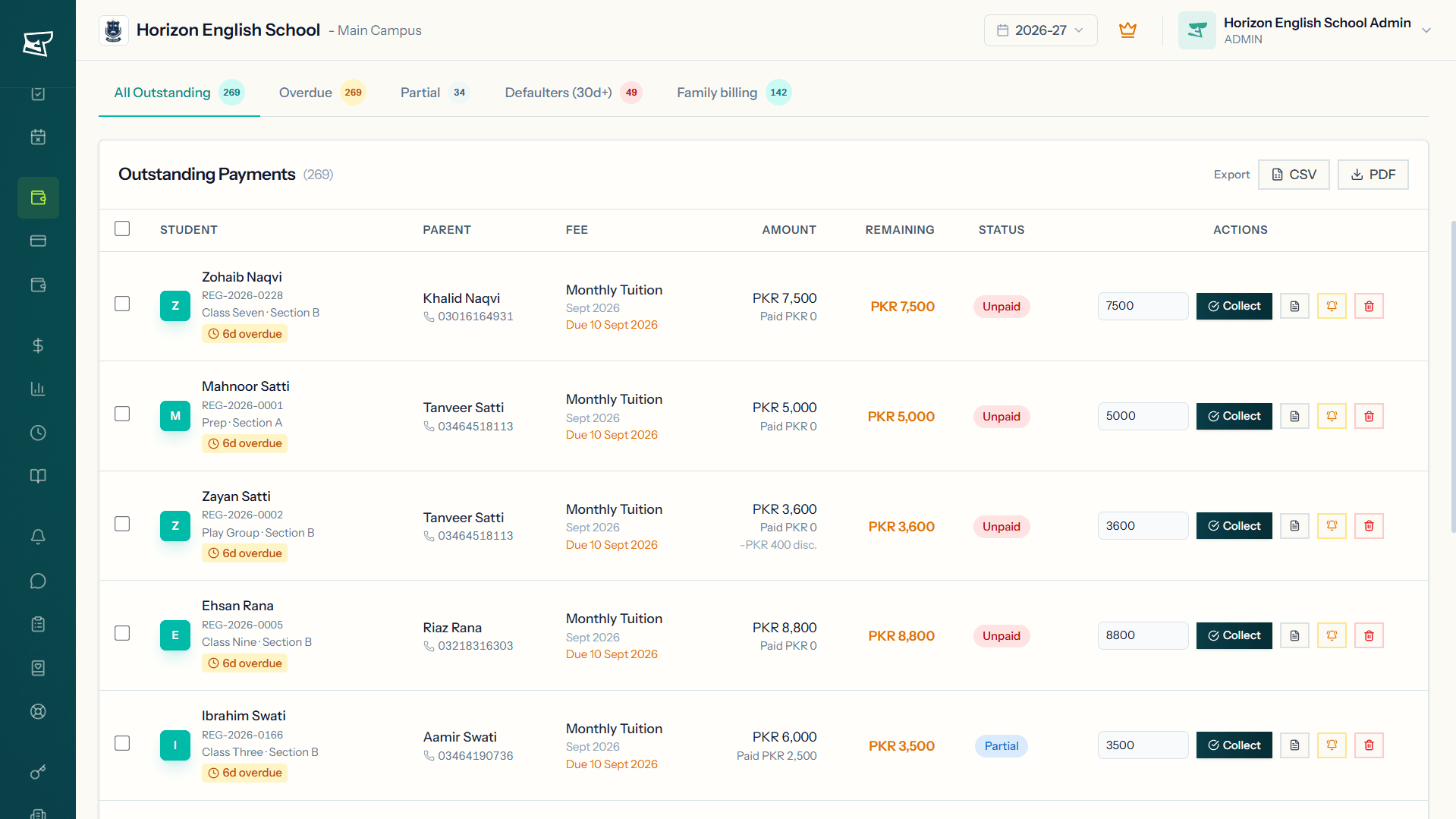 Edflo fee collection screen showing outstanding payments, overdue fees and defaulters