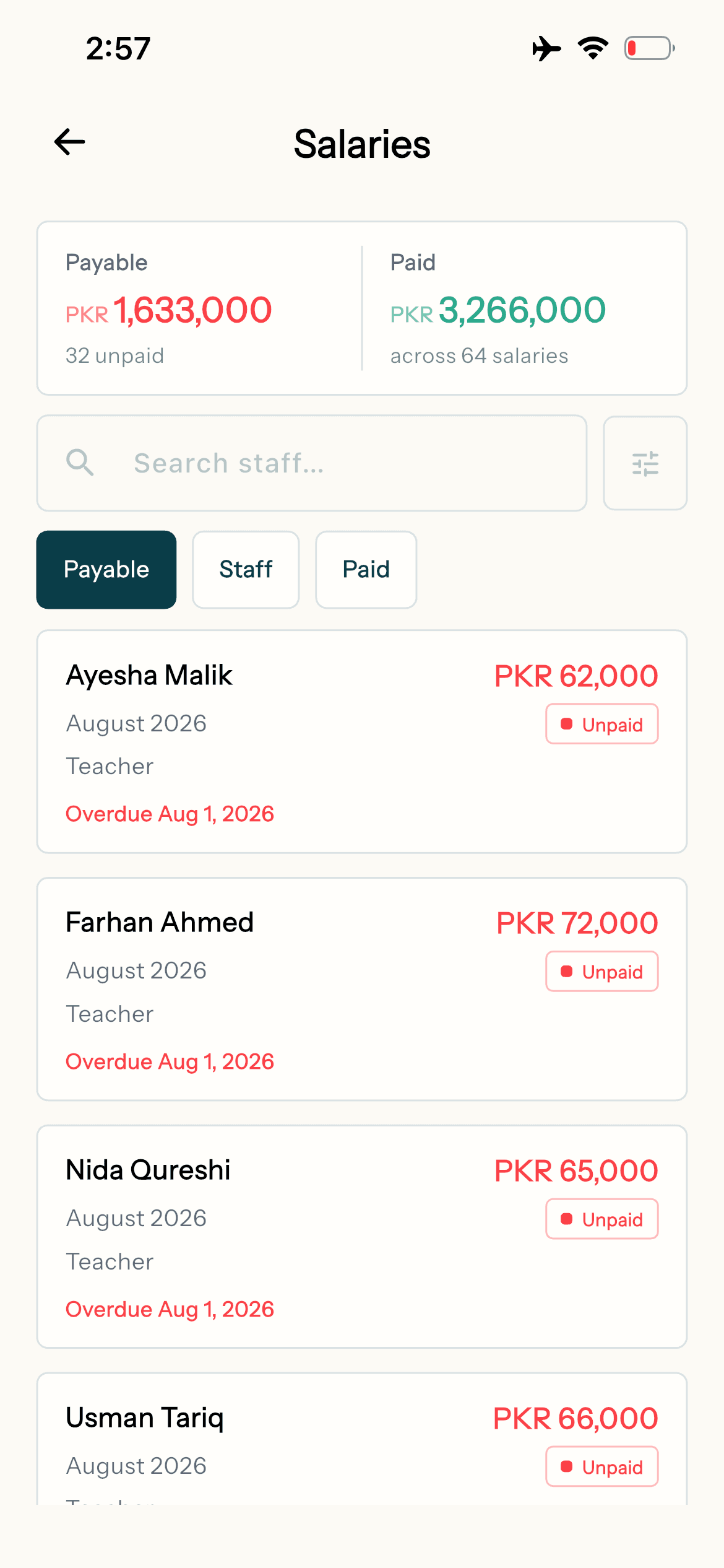 Edflo staff salary screen showing payable and paid amounts per teacher