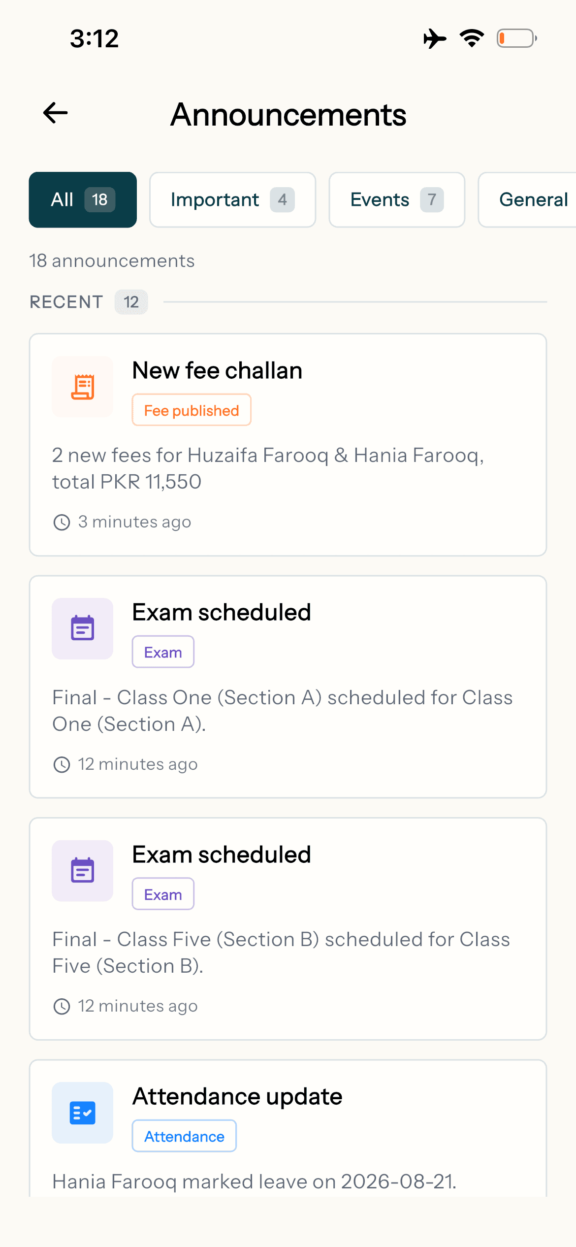 Edflo parent app announcements: a new fee challan, exam schedules and an attendance update