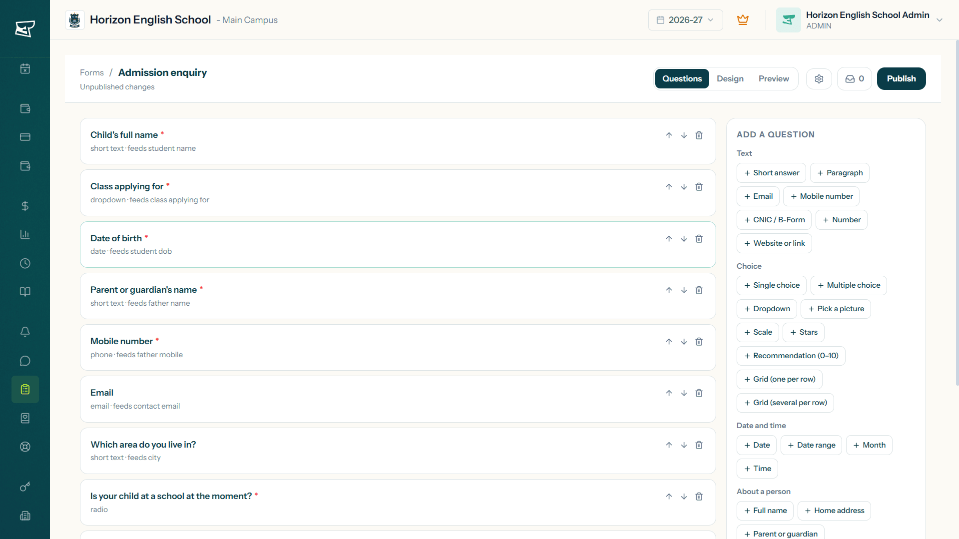 Building an admission enquiry form in Edflo, with each question mapped to the student record it fills in