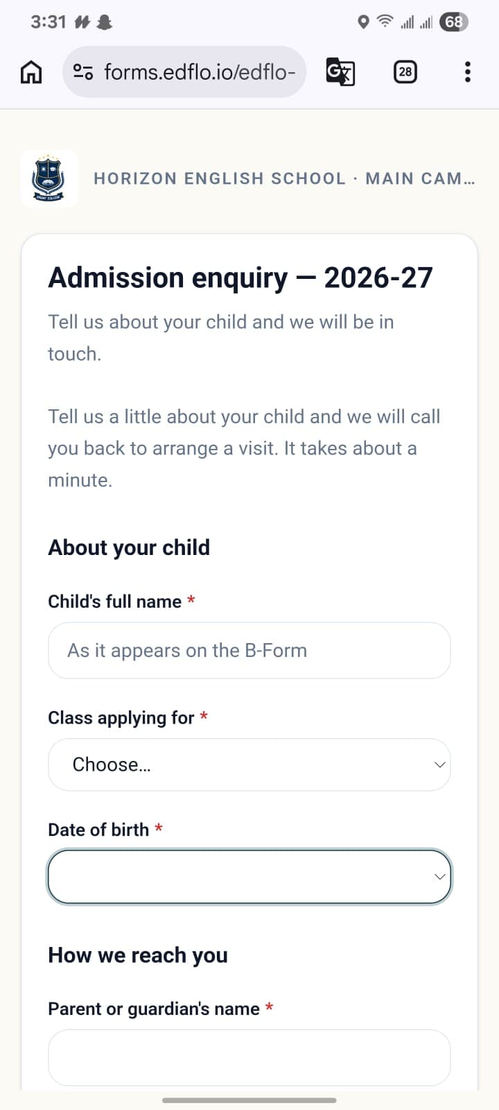 A parent filling in a school's admission enquiry form on a phone
